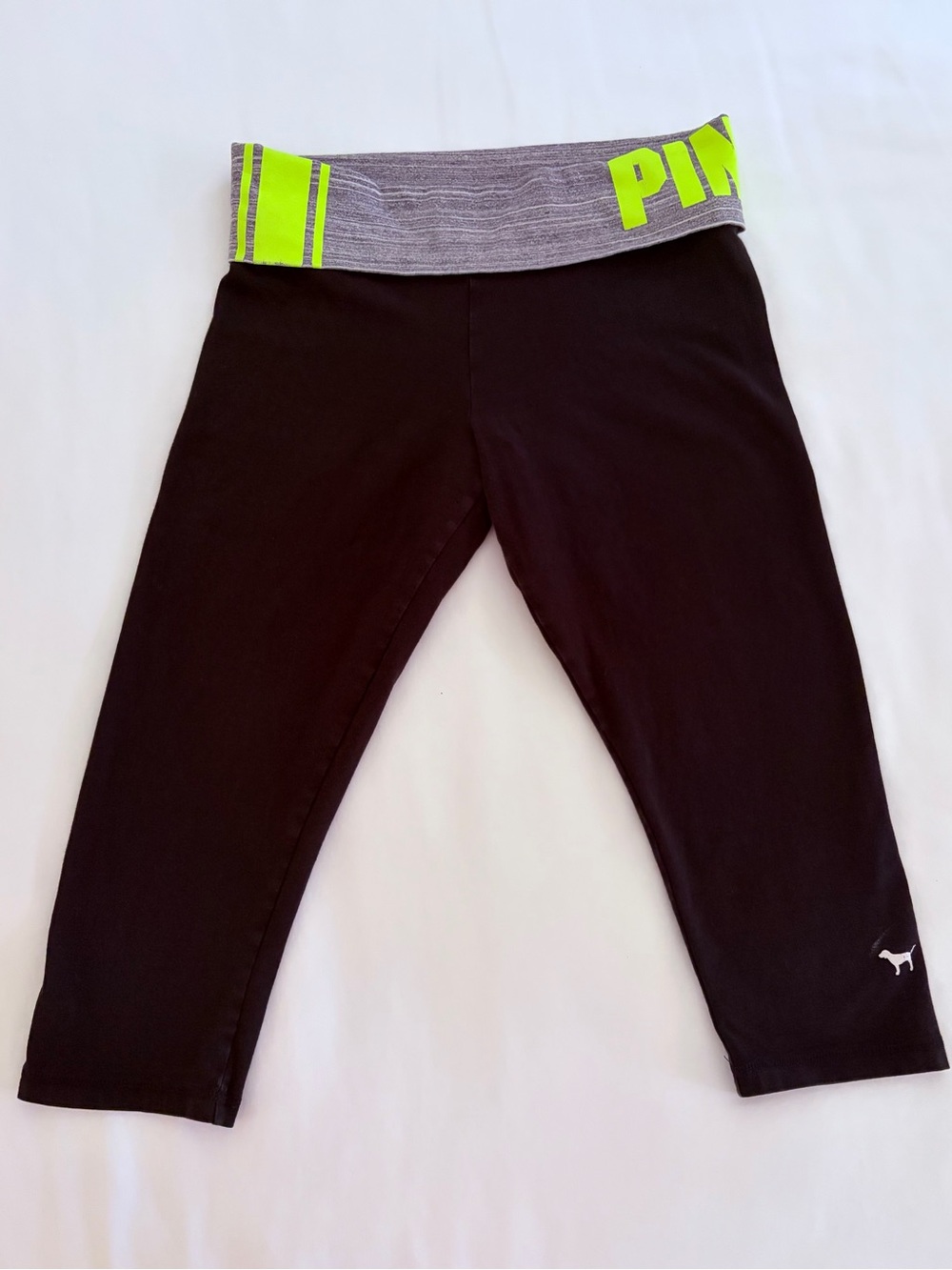 PINK Victoria's Secret Black Capri Leggings - Gray & Neon Green / Yellow Vintage